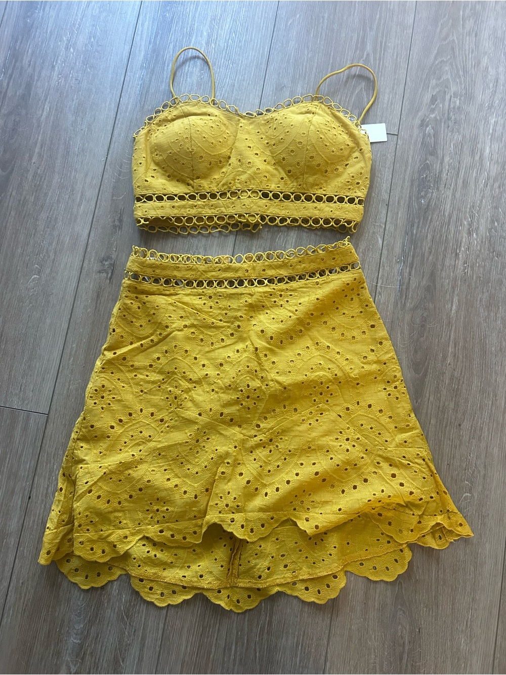 Commense Yellow Eyelet Two-Piece Skirt Set